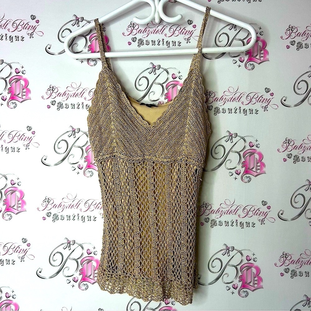 Le Chateau crochet knit gold shimmer sparkly Tan Fitted Ribbed Camisole